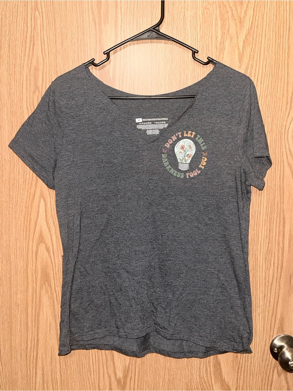 Women's Dark Gray Graphic V-Neck Tee - 'Don't Let The Darkness Fool You' Sz M